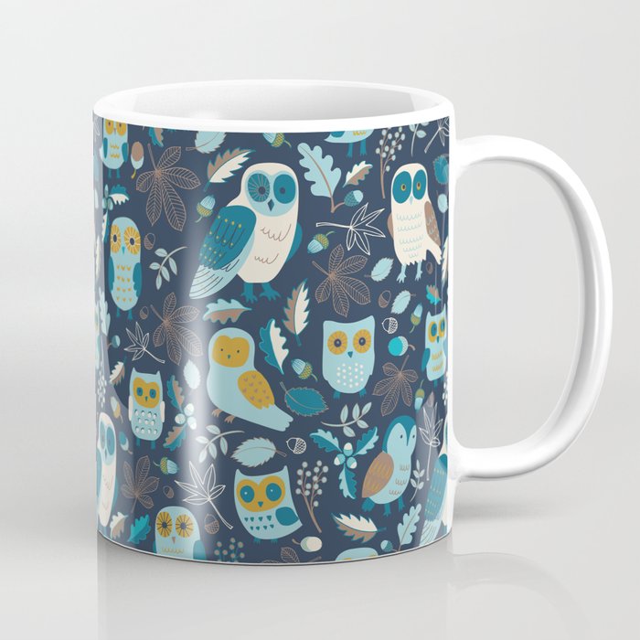 Autumn Owls - Teal and Mustard on Navy - Cute woodland pattern by Cecca Designs Coffee Mug