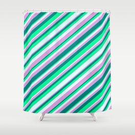 [ Thumbnail: Plum, Teal, Green & Light Cyan Colored Striped Pattern Shower Curtain ]