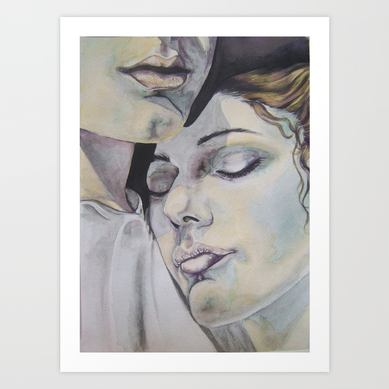 Comfort With Closed Eyes Watercolor Painting Portrait Couple