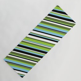 [ Thumbnail: Eye-catching Dark Olive Green, Green, Sky Blue, Black & White Colored Stripes/Lines Pattern Yoga Mat ]