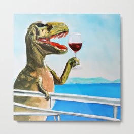 T-Rex dinosaur drinking red wine and enjoying the seaview Metal Print