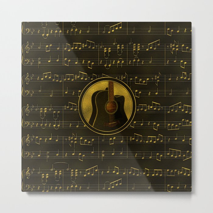 Golden  Acoustic Guitar on notes pattern Metal Print