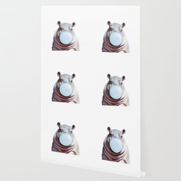 Baby Hippo Blowing Blue Bubble Gum, Baby Boy, Art for Kids, Baby Animals Art Print by Synplus Wallpaper