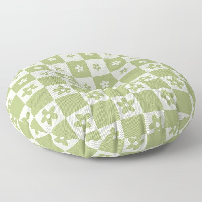 Abstract Floral Checker Pattern 7 in Forest Sage Green Floor Pillow