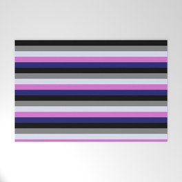 [ Thumbnail: Colorful Orchid, Midnight Blue, Black, Grey, and Lavender Colored Pattern of Stripes Welcome Mat ]