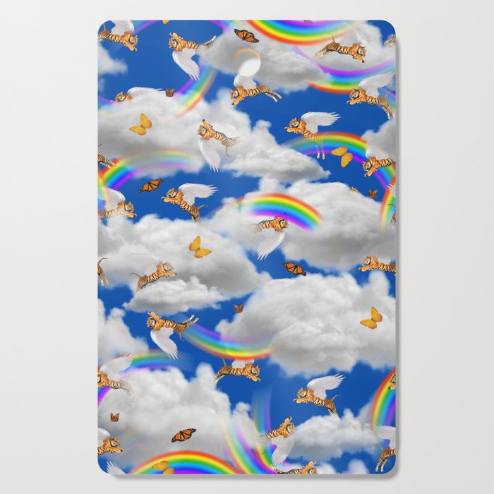 flying tiger in the clouds with rainbows Cutting Board