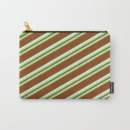 [ Thumbnail: Green, Brown & Mint Cream Colored Lines Pattern Carry-All Pouch ]
