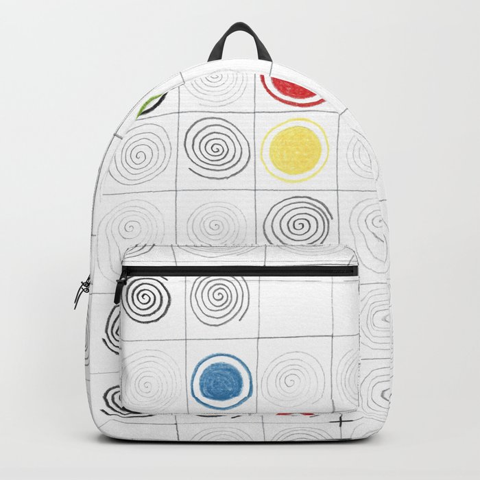 Abstract geometric white minimalist grid colored pencil original drawing of mysterious spirals. Backpack