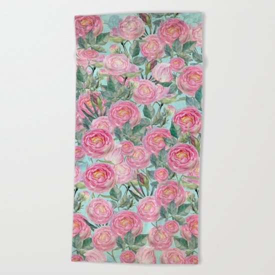 Vintage Roses Mint Beach Towel