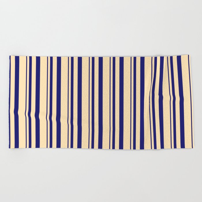 Midnight Blue and Beige Colored Lines Pattern Beach Towel