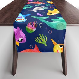 Watercolor Silly Shark Family Table Runner
