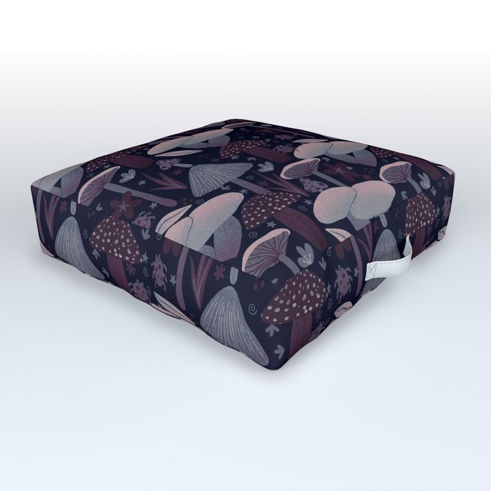 Mystical Mushroom Pattern - Purple on Black Outdoor Floor Cushion