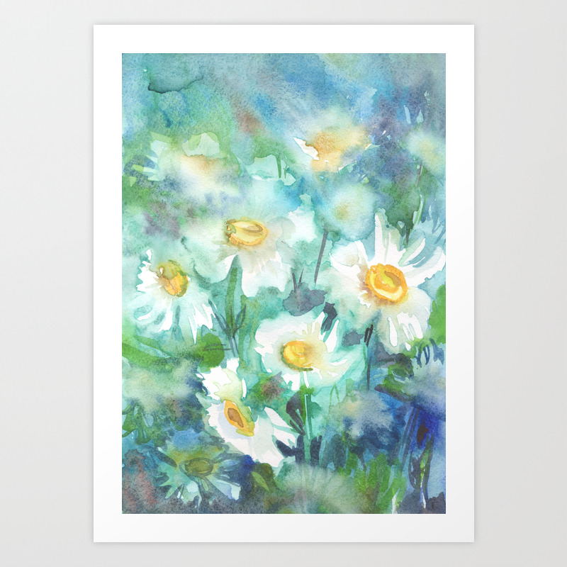 Watercolor Drawing White Daisies On A Blue And Green Background