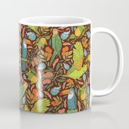 Turquoise toucan with green cockatoo amoung exotic fruits on dark background Coffee Mug