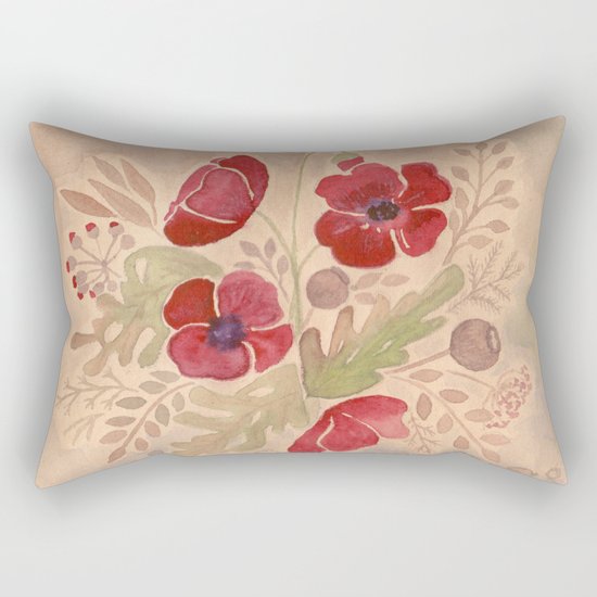 Watercolor poppies on old paper . Rectangular Pillow