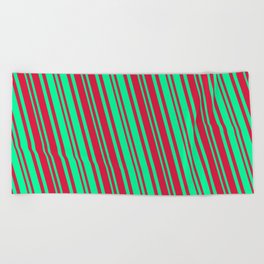[ Thumbnail: Crimson and Green Colored Lines/Stripes Pattern Beach Towel ]