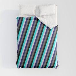 [ Thumbnail: Eyecatching Aqua, Lavender, Midnight Blue, Dim Grey, and Black Colored Striped Pattern Comforter ]
