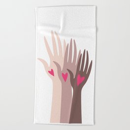 Hands of different races. Beach Towel