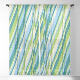 [ Thumbnail: Teal, Green, Beige & Light Sky Blue Colored Stripes/Lines Pattern Sheer Curtain ]