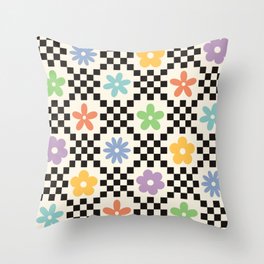 Retro Colorful Flower Double Checker Throw Pillow