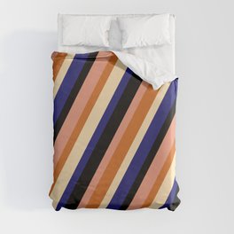 [ Thumbnail: Eye-catching Black, Dark Salmon, Chocolate, Beige, and Midnight Blue Colored Striped Pattern Duvet Cover ]