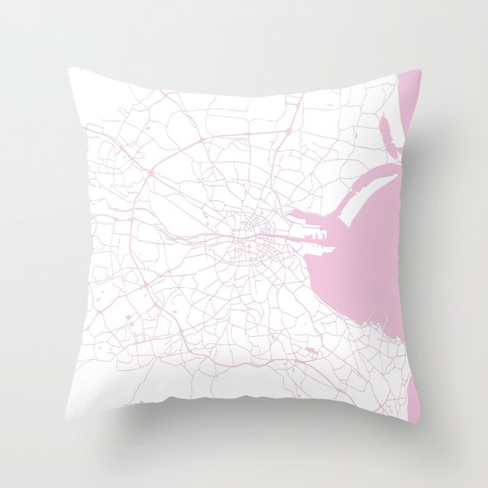 White on Pink Dublin Street Map Throw Pillow