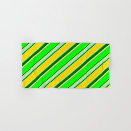 [ Thumbnail: Lime, Dark Green, Yellow & Powder Blue Colored Lines/Stripes Pattern Hand & Bath Towel ]