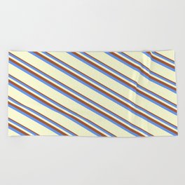 [ Thumbnail: Sienna, Cornflower Blue & Light Yellow Colored Striped/Lined Pattern Beach Towel ]
