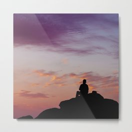 Man Enjoying Sunset II Metal Print | Man, Rocks, Sky, Porto, Shadow, Landscape, Sitting, Black, Pink, Silhouette 