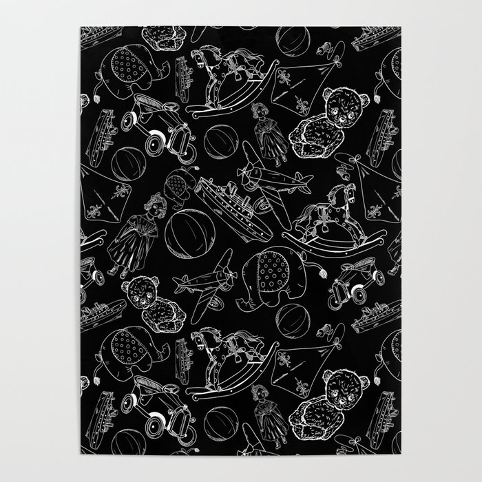 Black and White Toys Outline Pattern Poster