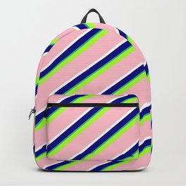 [ Thumbnail: Vibrant Light Green, Pink, White, Blue & Light Sea Green Colored Lined/Striped Pattern Backpack ]