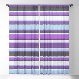 [ Thumbnail: Vibrant Light Sky Blue, Dark Violet, Indigo, Black, and Mint Cream Colored Striped Pattern Sheer Curtain ]