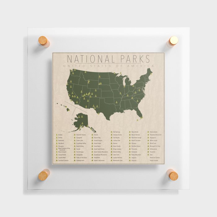 US National Parks w/ State Borders Floating Acrylic Print