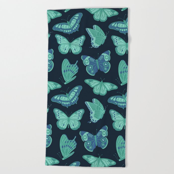 Texas Butterflies – Green and Blue on Navy Pattern Beach Towel