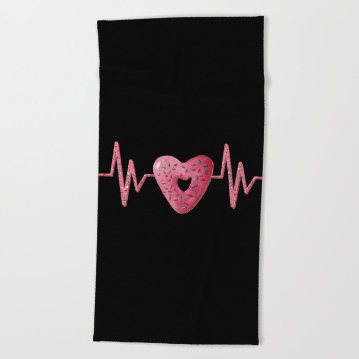 Heartbeat line with cute pink heart shaped donut illustration Beach Towel