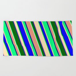 [ Thumbnail: Green, Beige, Dark Salmon, Blue & Dark Green Colored Striped/Lined Pattern Beach Towel ]