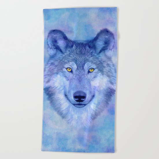 Sky blue wolf with Golden eyes Beach Towel