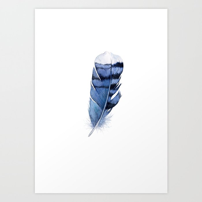 Blue Feather, Blue Jay Feather, Watercolor Feather, Art Watercolor Painting by Suisai Genki Art Print