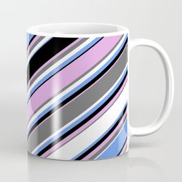 [ Thumbnail: Eye-catching Cornflower Blue, Black, Plum, Dim Grey, and White Colored Lined Pattern Coffee Mug ]