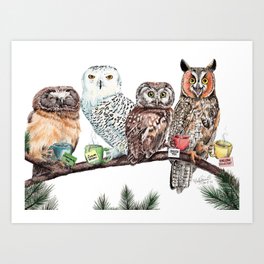 Tea owls , funny owl tea time painting by Holly Simental Art Print