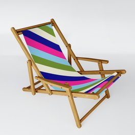 [ Thumbnail: Vibrant Sky Blue, Green, Beige, Dark Blue & Deep Pink Colored Striped/Lined Pattern Sling Chair ]