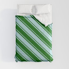 [ Thumbnail: Powder Blue & Dark Green Colored Pattern of Stripes Comforter ]