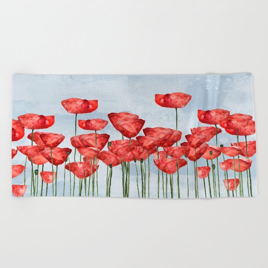Poppyfield poppies poppy blue sky- watercolor artwork Beach Towel