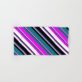 [ Thumbnail: Teal, Fuchsia, White, and Black Colored Lined/Striped Pattern Hand & Bath Towel ]