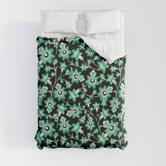 Green & Black floral design Duvet Cover