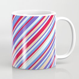 [ Thumbnail: Colorful Tan, Slate Blue, Light Cyan, Cornflower Blue & Crimson Colored Stripes Pattern Coffee Mug ]