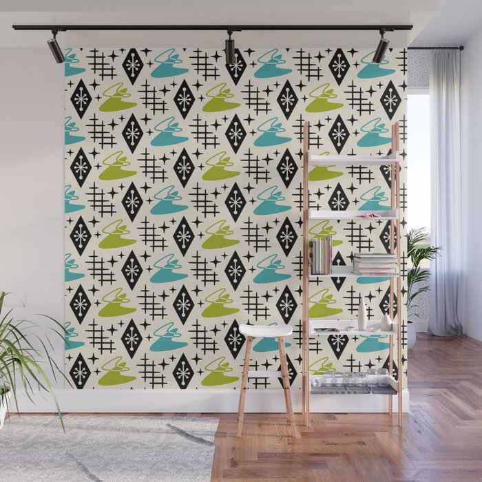 Mid Century Modern Boomerang Abstract Pattern Chartreuse and Turquoise 161 Wall Mural