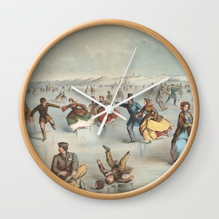 Vintage Central Park Ice Skating Painting 1861 Wall Clock By