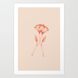 Flower duo in burnt orange inspired by tattoo style, boho chic illustration Art Print