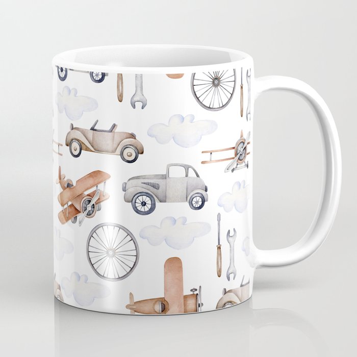 Watercolor baby pattern with retro cars and planes Coffee Mug